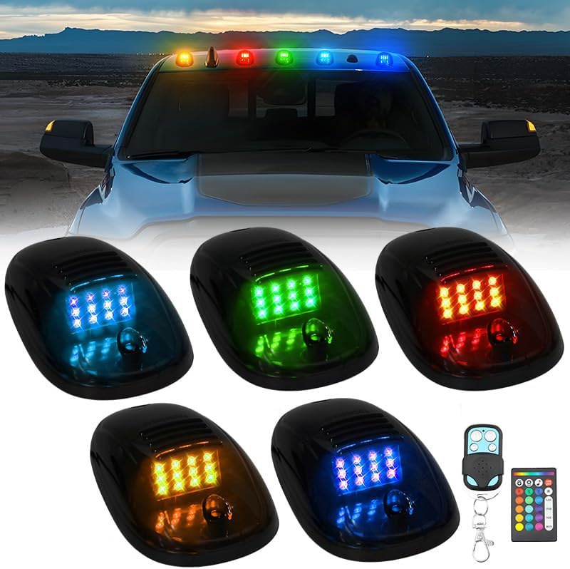 GSOWO 5 PCS RGB LED Cab Lights Smoked Cab Roof Running Top Marker Light for Dodge Ram 1500 2500 3500 4500 5500 2003-2018 Pickup Trucks, Waterproof LED Cab Roof Lights for Trucks, 16 LED - Image 1